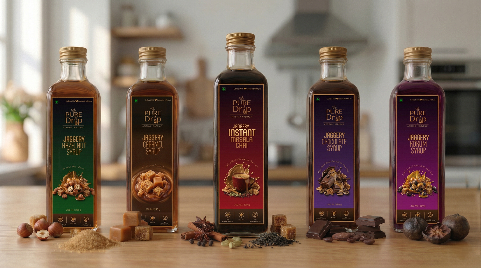 GudSecrets Artisan Jaggery Syrups — Five bottles of Instant Masala Chai, Jaggery Caramel, Chocolate, Kokum, and Hazelnut syrup