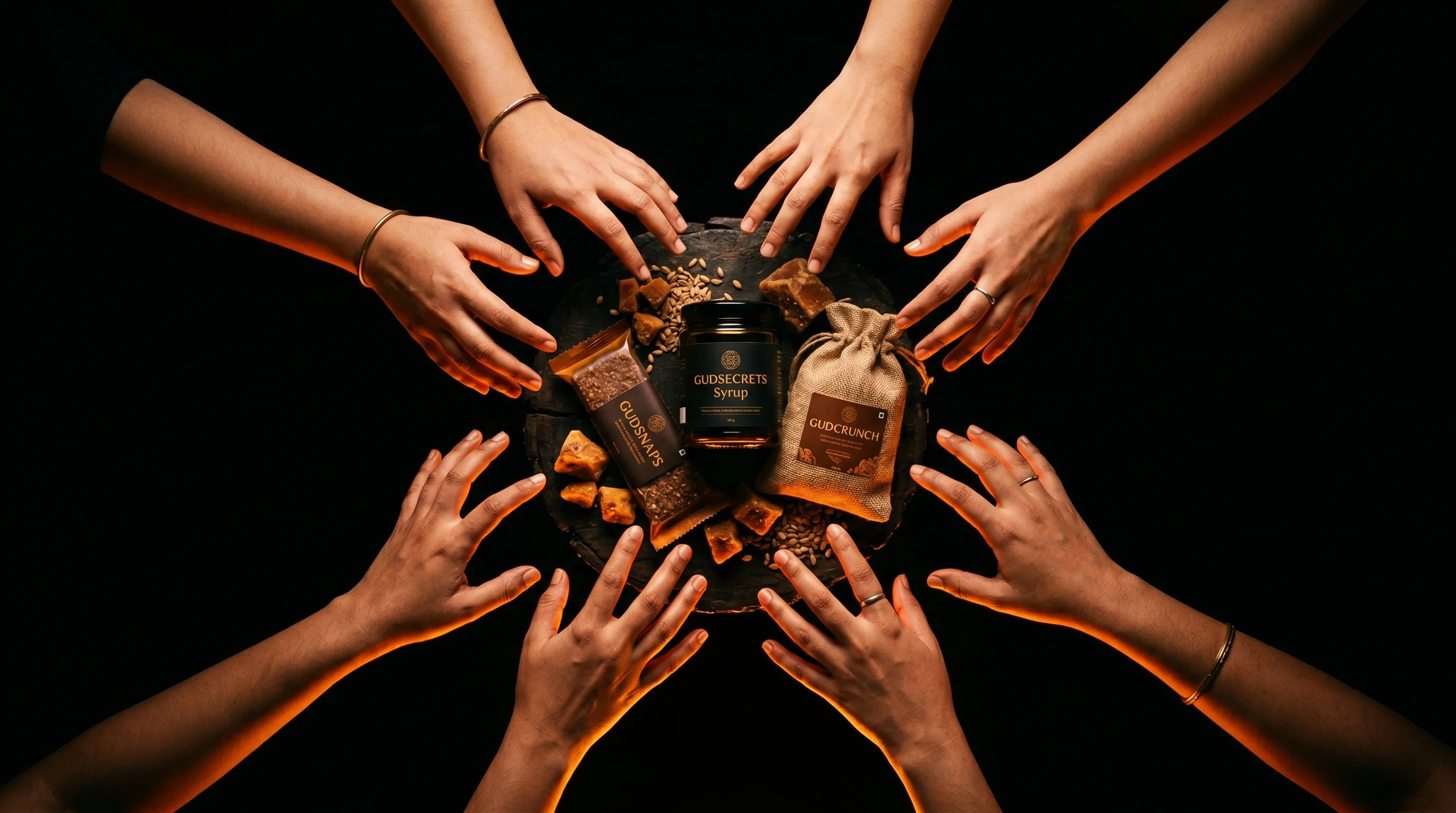 Many hands reaching for GudSecrets products — a movement in the making