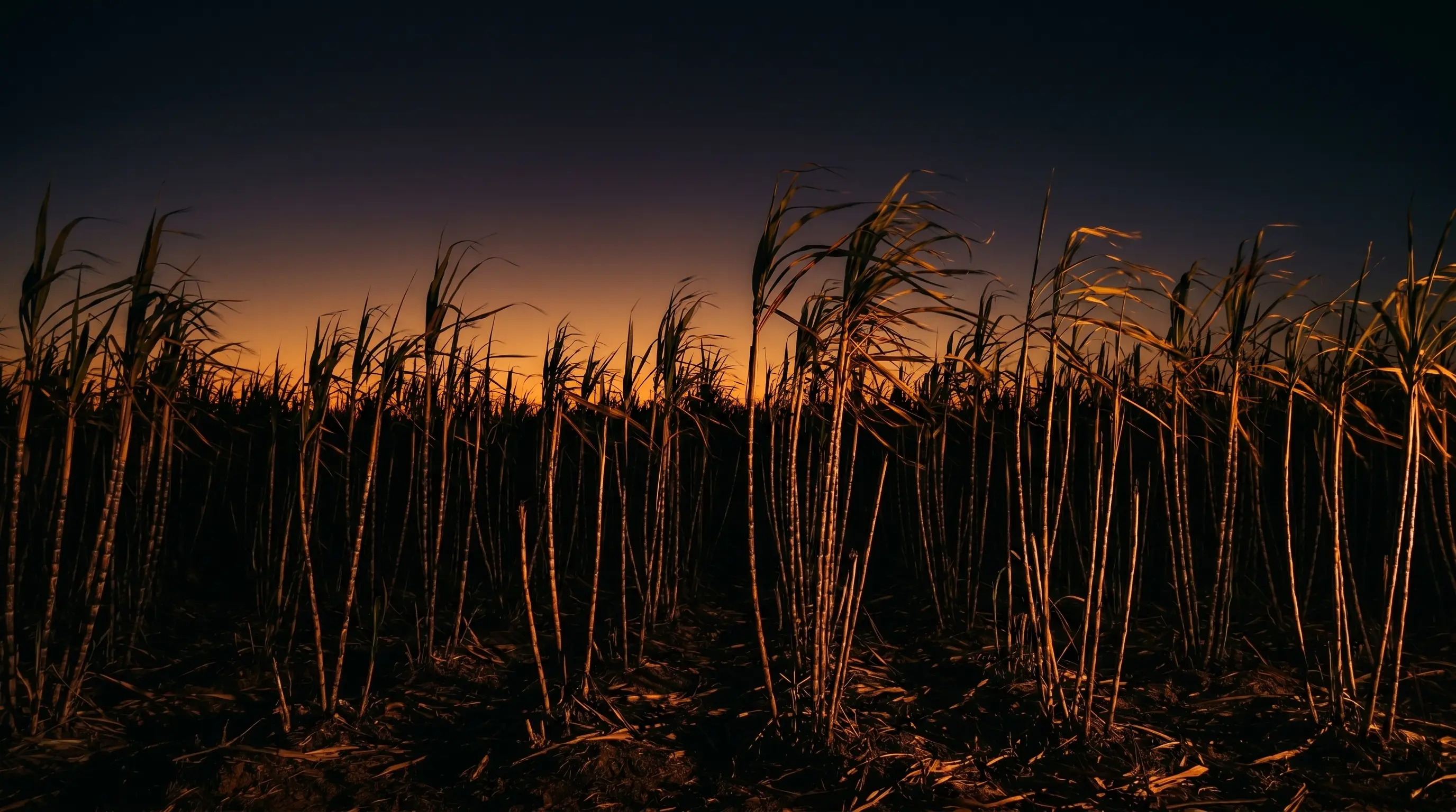 Sugarcane field at dusk — the origin of jaggery