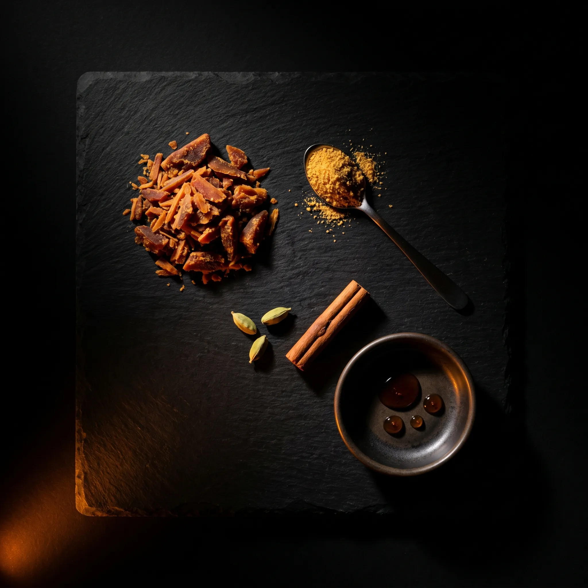 Spices and jaggery laid on dark slate — the recipe process